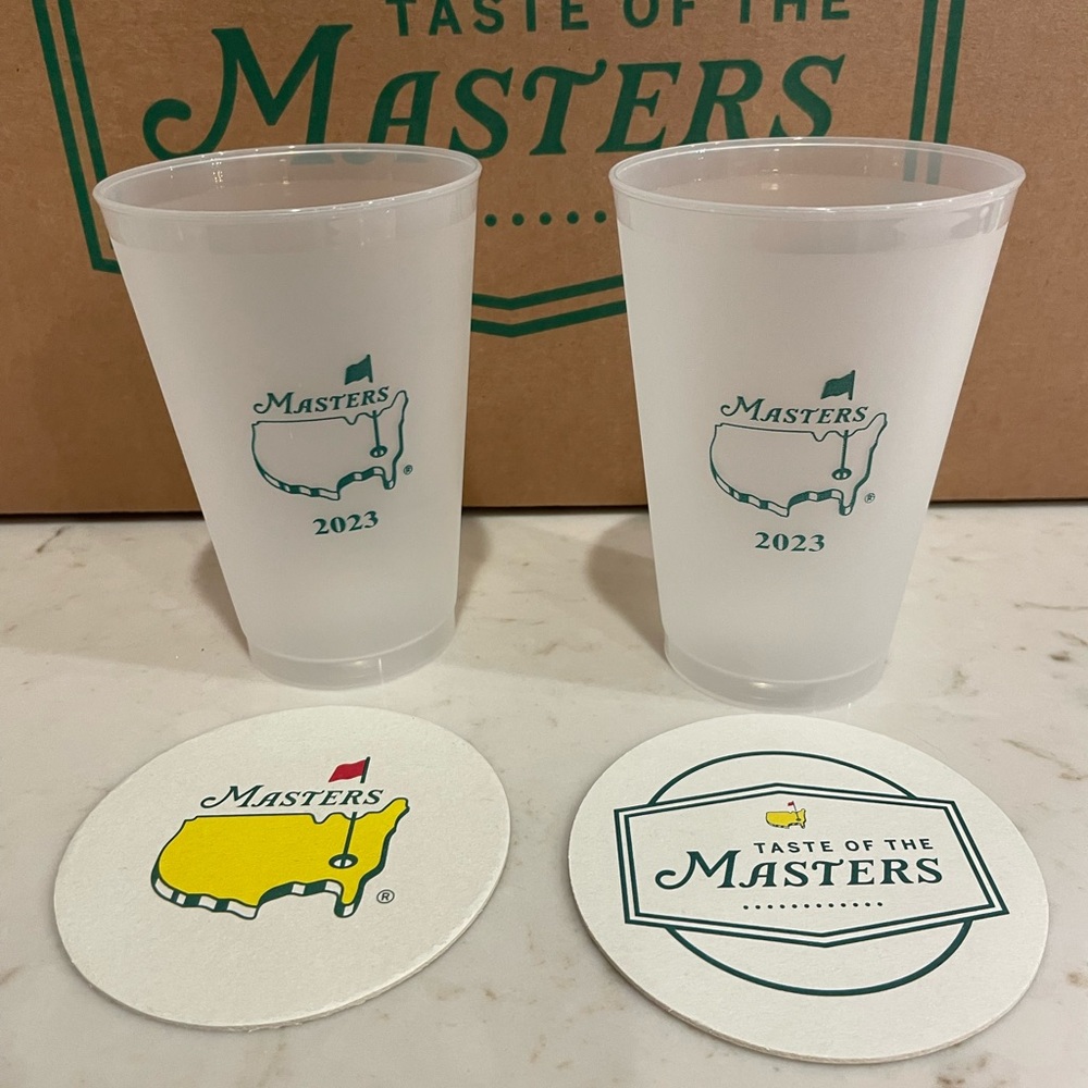Set of 2 Brand new unused Master’s Golf Plastic cups AND Coasters